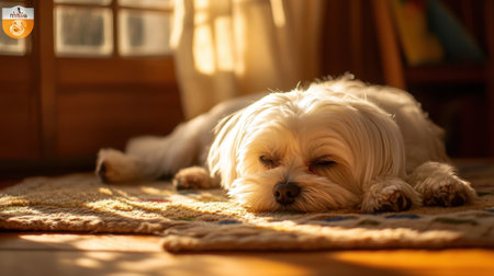 A small dog rests peacefully on a soft rug, basking in warm sunlight that filters through a cozy room. This serene scene captures the essence of home comfort and tranquility.の素材