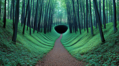 A captivating view of a winding pathway surrounded by tall trees, leading into a dark entrance, inviting exploration in a serene forest environment.の素材