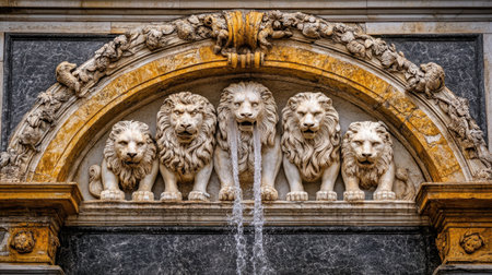 This captivating image showcases a decorative stone fountain featuring five majestic lions, intricately carved to enhance any architectural landscape.の素材