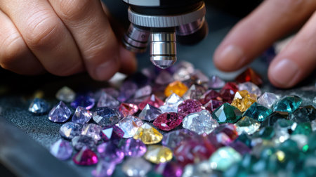 An intricate close-up of colorful gems being analyzed through a microscope, showcasing the beauty and detail of gemstones in a jewelry workshop.の素材