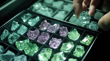 A hand selects a sparkling crystal from a well-organized box filled with vibrant gemstones in various colors, showcasing their natural beauty and elegance.の素材