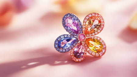 This vibrant floral brooch showcases an array of colorful gemstones set against a soft pink background, epitomizing elegance and style in jewelry design.の素材
