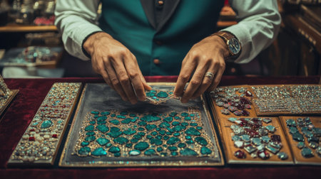 An artisan delicately arranges beautiful turquoise gemstones at a vibrant jewelry market, showcasing craftsmanship and intricate designs that captivate.の素材