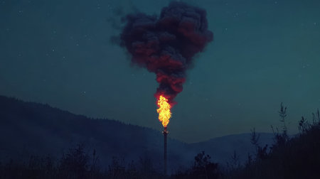 A striking image of a blazing flame erupting from a flare stack in a dark landscape, illuminated against a backdrop of a star-filled night sky.の素材