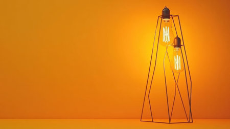 A striking modern light fixture featuring two vintage bulbs, set against a vivid orange background, creating a warm and inviting ambiance for any space.の素材