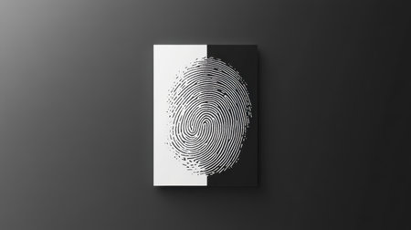 This striking artwork features a fingerprint design in high contrast on a monochrome background, symbolizing identity, security, and uniqueness. Perfect for various creative and forensic applications.の素材