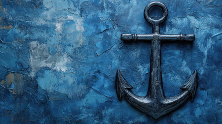 A vintage anchor is prominently featured against a textured blue background, evoking nautical themes and adding a touch of tranquility to any space.の素材