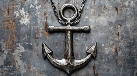 A striking close-up of a vintage metal anchor showcases its intricate design against a weathered, rustic background, highlighting texture and charm.の素材