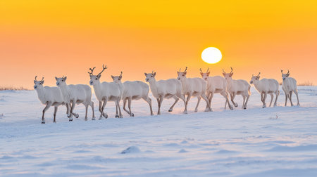 A mesmerizing scene captures a herd of white reindeer quietly walking across a snowy landscape as the sun sets in vibrant orange hues.の素材