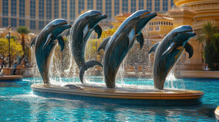 A stunning display of dolphins leaping from a beautifully designed fountain, surrounded by a lush resort setting, radiating joy and tranquility.の素材