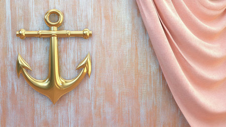 This image features an elegant golden anchor set against a textured wooden background, complemented by flowing pink fabric creating a vibrant nautical theme.の素材