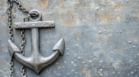A detailed image of a rusty vintage anchor hanging on a weathered metallic background, featuring unique textures and colors. The anchor symbolizes maritime themes, making it perfect for nautical decor or artistic projects.の素材