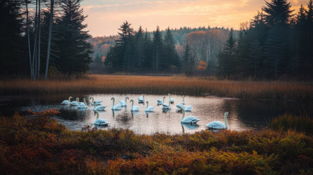 A picturesque scene captures a community of elegant swans gliding over a serene pond, surrounded by vibrant autumn colors and a stunning sunset backdrop.の素材