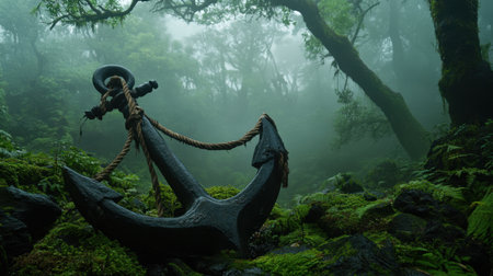 A captivating scene featuring an old anchor resting amid lush greenery in a misty forest. The atmosphere is serene and mysterious, ideal for nature lovers.の素材