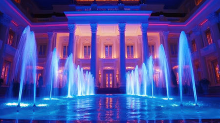 An enchanting nighttime view featuring a stunning fountain display with vibrant blue lighting, set against elegant architecture and calming water reflections.の素材