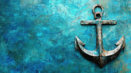 This striking image features a vintage-style anchor against a textured turquoise background. Perfect for marine-themed projects, this artwork evokes a sense of adventure and tranquility.の素材