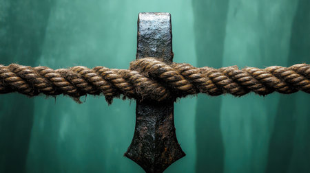 This close-up image showcases a thick rope intricately tied around a rusty iron anchor, surrounded by a foggy forest. The serene yet eerie atmosphere evokes a sense of adventure and connection to nature.の素材