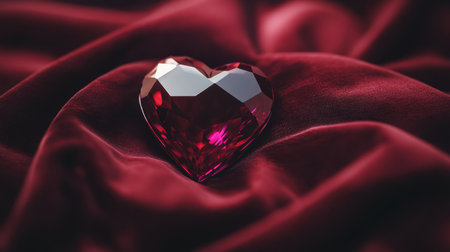 A stunning heart-shaped gemstone glimmers atop rich red velvet, capturing light and reflecting a romantic ambiance, ideal for various creative projects.の素材
