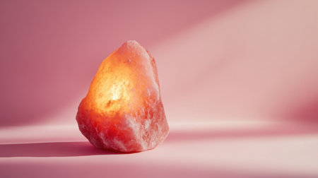 A beautiful Himalayan salt lamp emits a soft glow against a pastel pink backdrop, creating a tranquil and calming atmosphere ideal for wellness spaces.の素材