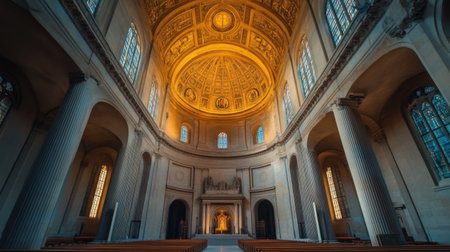 Explore the breathtaking interior of a historic church featuring an impressive dome, elegant columns, and warm natural light creating a serene atmosphere.の素材