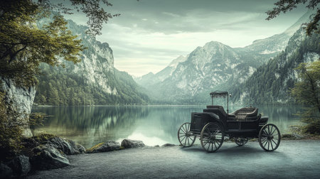 A stunning vintage car parked beside a serene lake, framed by majestic mountains and lush greenery, capturing a moment of peace and nostalgia.の素材