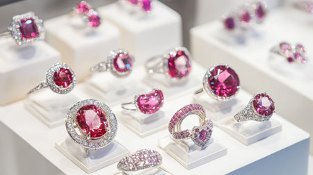 This sophisticated display features an exquisite collection of pink gemstone jewelry set in silver. The luxurious pieces capture beauty and elegance, perfect for fashion lovers.の素材