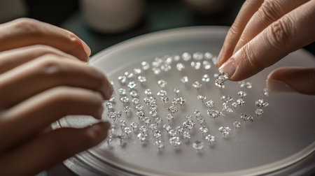 A pair of hands meticulously sorts through clear gemstones on a pristine white surface in a well-lit workshop, highlighting the beauty and precision of the craft.の素材