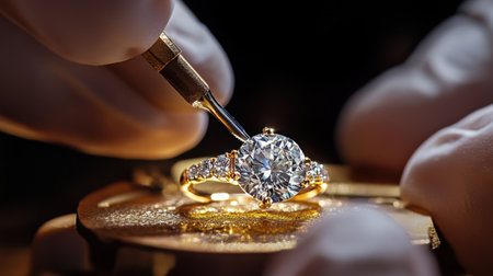 A skilled jeweler delicately sets a stunning diamond stone into a gold ring, showcasing the craftsmanship and elegance of fine jewelry in a studio setting.の素材
