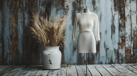 A beautifully crafted white knit dress stands elegantly on a mannequin, set against a rustic wooden background. Surrounding it are dried grass in a charming vase, creating a warm and inviting atmosphere perfect for fashion photography.の素材