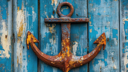 This image showcases a rusty anchor mounted on a weathered blue wooden background, conveying a strong marine vibe. Ideal for nautical themes.の素材