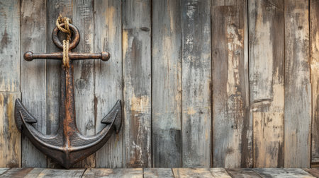 A striking rustic anchor affixed to a weathered wooden plank wall, perfect for nautical-themed decor or maritime-inspired design projects.の素材