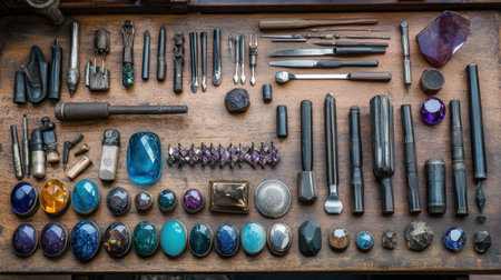 A captivating arrangement showcasing an array of crafting tools and vibrant gemstones on a rustic wooden workbench. Perfect for jewelry-making enthusiasts seeking inspiration.の素材