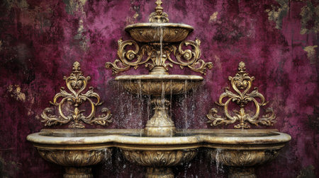 A stunning antique-style fountain features intricate details and elegant water flow against a rich purple backdrop, adding a touch of luxury and beauty.の素材