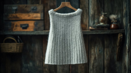 A cozy grey knitted sweater hangs elegantly on a wooden hanger in a rustic room, surrounded by vintage decor, showcasing textile craftsmanship and simple elegance.の素材