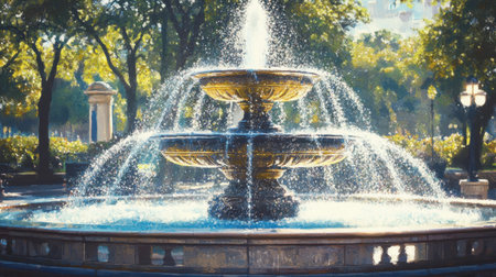 A picturesque scene of an elegant water fountain in a lush park, surrounded by vibrant green trees, creating a serene and inviting atmosphere.の素材