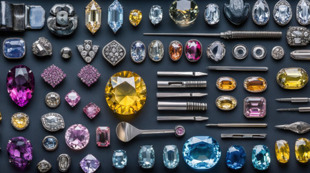 A stunning arrangement of various gemstones and jewelry components, showcasing vibrant colors and diverse shapes, ideal for art and design inspiration.の素材