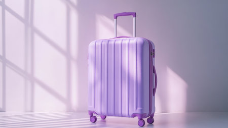 A vibrant purple suitcase stands elegantly in a sunlit room, showcasing sleek lines and a modern design, perfect for travel enthusiasts seeking style and functionality.の素材