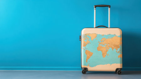 A vibrant suitcase featuring a world map design stands against a bright blue wall, representing travel and adventure. Ideal for travel concepts.の素材