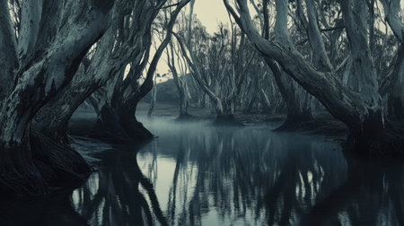 A captivating wilderness scene featuring gnarled trees rising from a misty waterway. The tranquil reflections create an ethereal atmosphere, inviting serenity.の素材