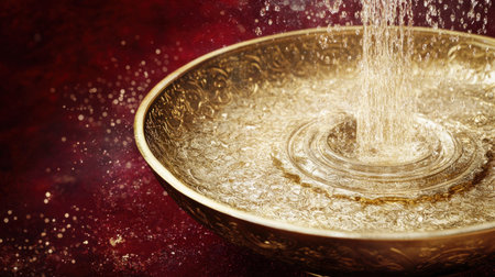 A mesmerizing golden bowl filled with flowing water creates a beautiful visual of tranquility and elegance against a sparkling background.の素材