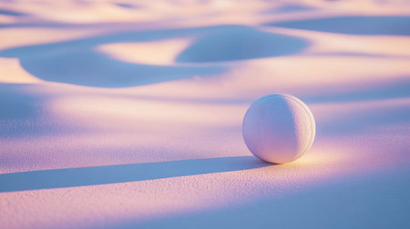 A serene scene featuring a solitary white sphere resting on soft sand dunes, illuminated by gentle pink and purple hues of sunset, capturing tranquility.の素材