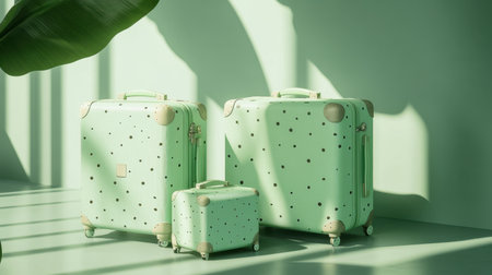 This image showcases a stylish mint green luggage set adorned with playful polka dots, perfect for modern travelers. The soft lighting enhances its aesthetics.の素材