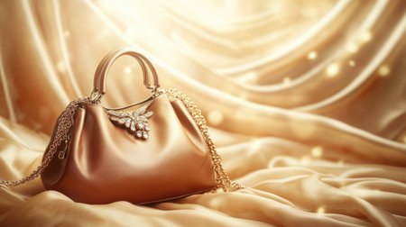 This stunning image showcases an elegant handbag embellished with intricate details, set against a luxurious soft fabric background illuminated by sparkling lights.の素材