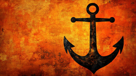 This vintage anchor design features a striking black silhouette on a grunge orange background, perfect for evoking nautical themes and artistic flair.の素材