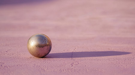 A polished golden sphere rests on a soft pink surface, casting a delicate shadow as it interacts with natural light, creating a striking visual dynamic.の素材