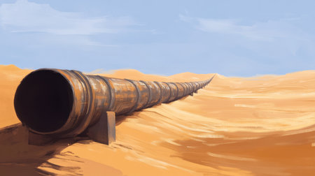 A long metal pipeline stretches across a vast desert landscape under a clear blue sky, creating a striking visual against the sandy terrain.の素材