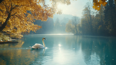 A majestic swan gracefully swims in a tranquil lake, surrounded by vibrant autumn leaves and soft morning mist. The serene atmosphere evokes peace.の素材