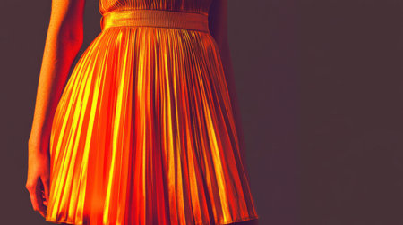 This image features a close-up of an elegant pleated dress in warm tones, highlighting its texture and design, perfect for fashion and style inspiration.の素材