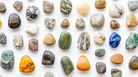 A vibrant assortment of smooth stones and pebbles in various colors and patterns arranged on a white background, ideal for showcasing natural beauty and textures.の素材