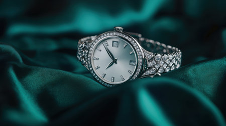 This image features an elegant silver watch adorned with sparkling diamond accents, elegantly positioned on a rich green silk background, embodying luxury.の素材